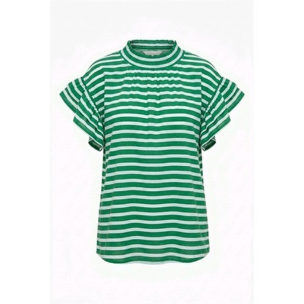 Sunshine Tienda Top Women M L Green Stripe Mock Neck Flutter Boho Beachy Coastal